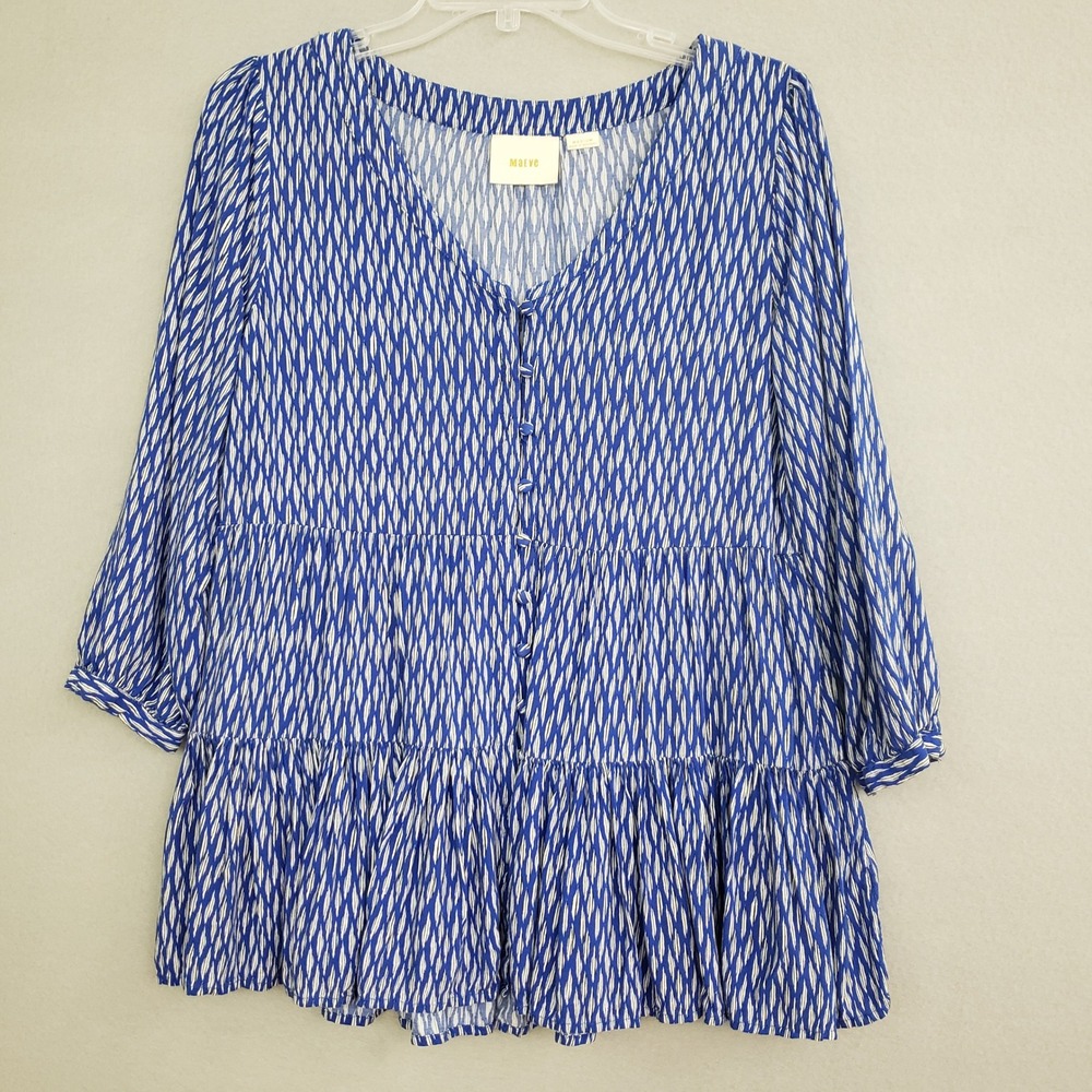 Maeve Anthropologie M Blouse Blue White Tiered Button Front Peplum Boho Coastal